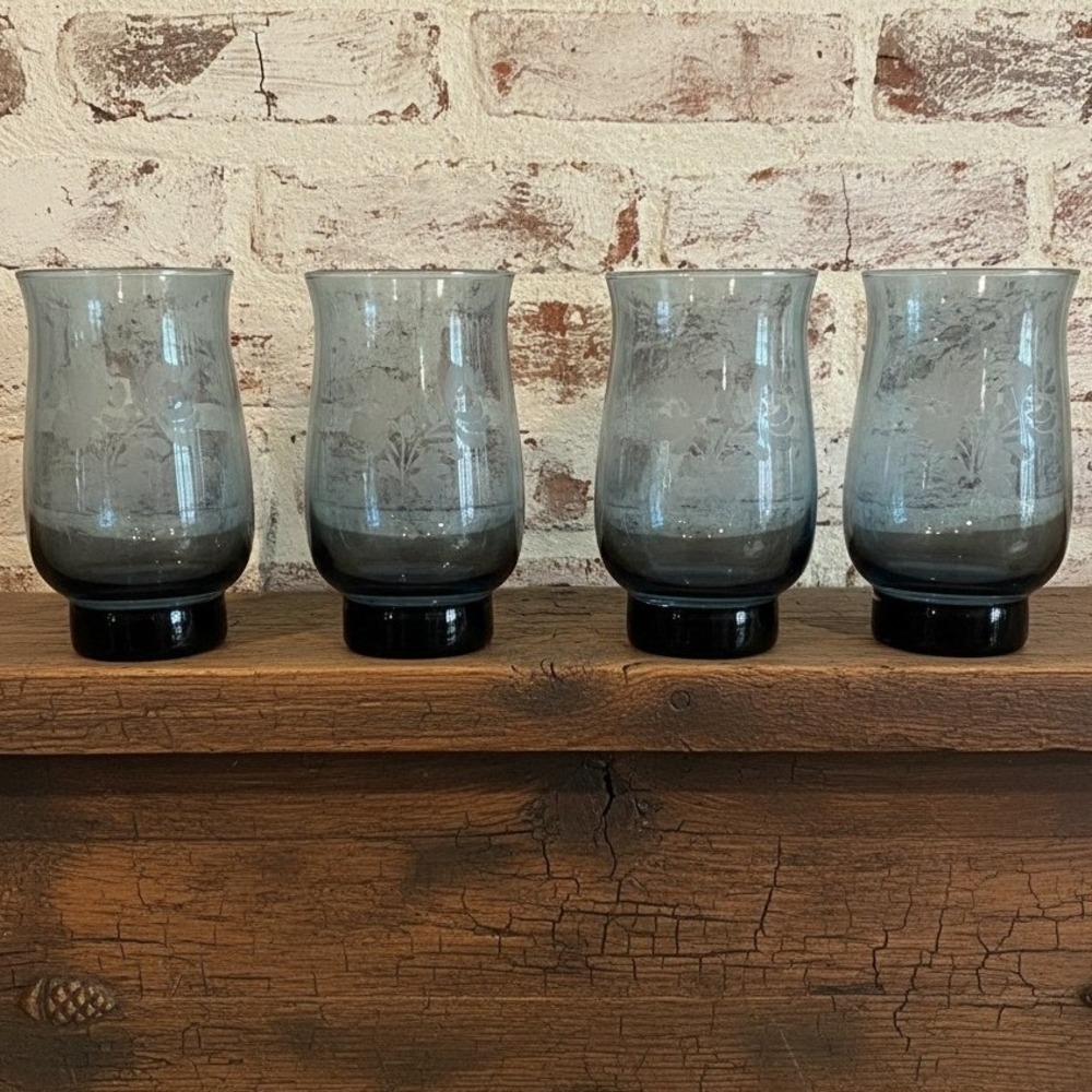 Pfaltzgraff Yorktowne Blue Tumblers, Set of 4, Vintage Etched Floral Design